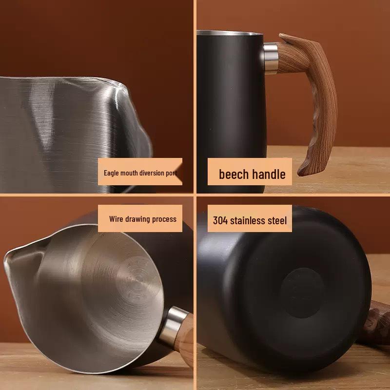 Stainless Steel Latte Art Cup with Wooden Handle and Scale - Thickened Milk Frothing Cup with Pointed Spout for Coffee Art