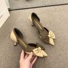 Spring and Summer Fine with High-heeled Shoes Female French Retro Bow Pointed Shallow Mouth Sandals