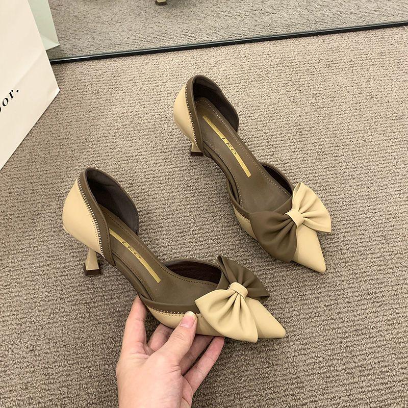 Spring and Summer Fine with High-heeled Shoes Female French Retro Bow Pointed Shallow Mouth Sandals