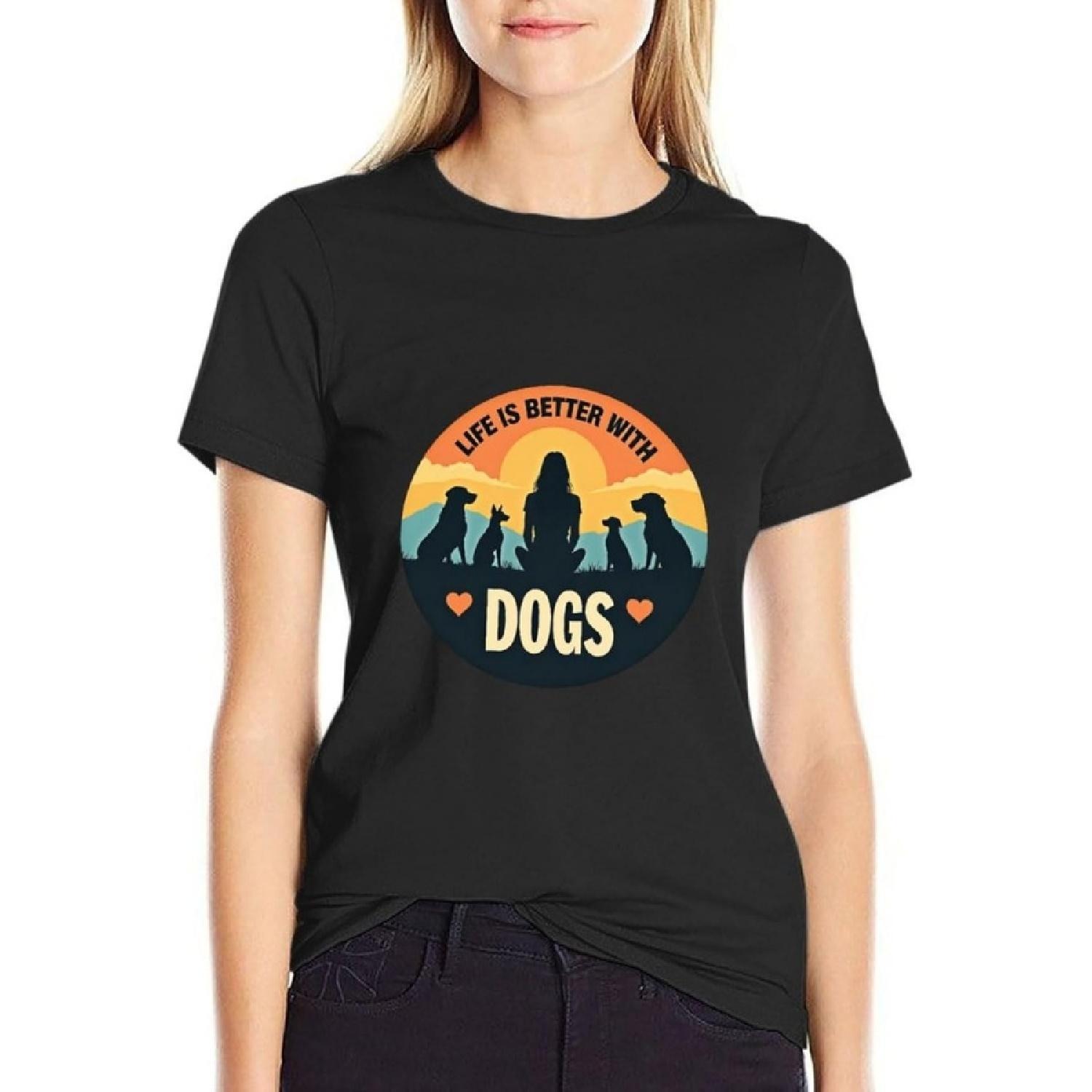 Funny Women Cotton T-Shirt Summer Life is Better with Dogs Casual Tee S