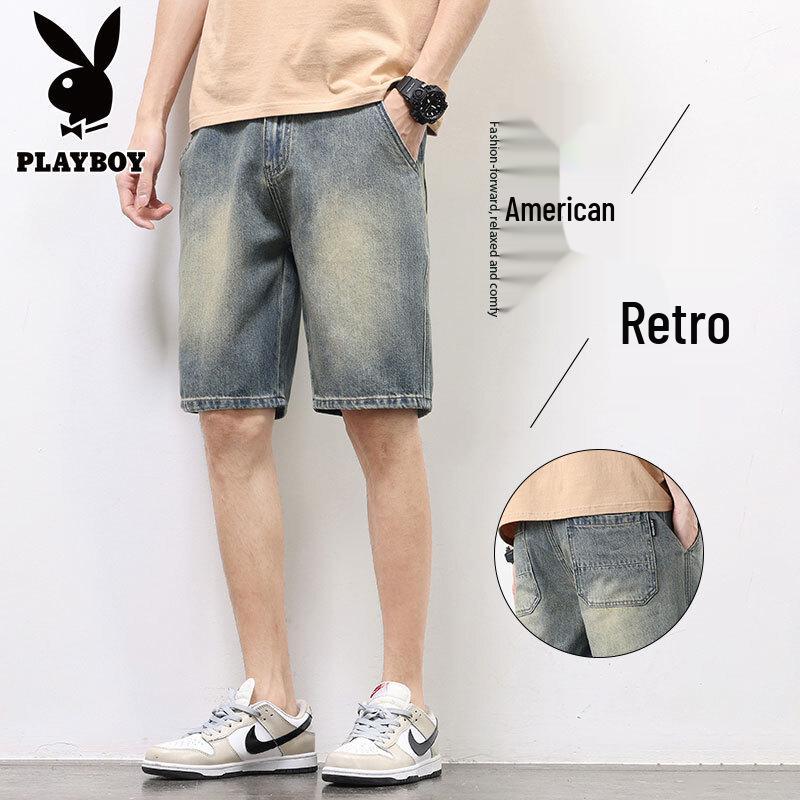 PLAYBOY Men s Trendy Retro Washed Denim Shorts 33