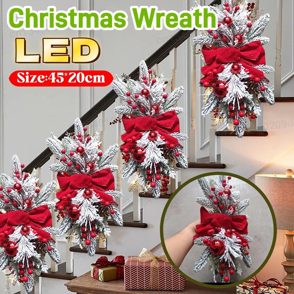 Christmas Wreath Pendant Hanging Stairs Garland LED Light Xmas Decoration Hanging Pendant for Holiday Party Wall Door Decoration