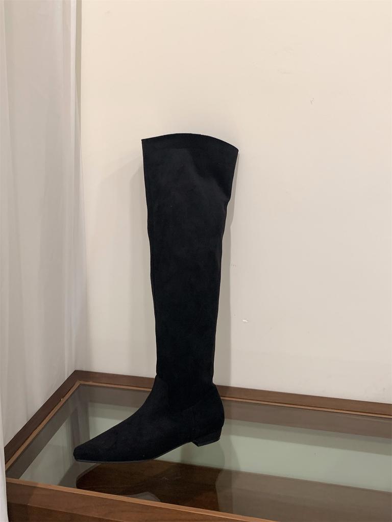 Coarse Heel Khaki Suede Tall Pile Knight Boots Women's Boots 2025 Autumn and Winter V-mouth Skinny Boots