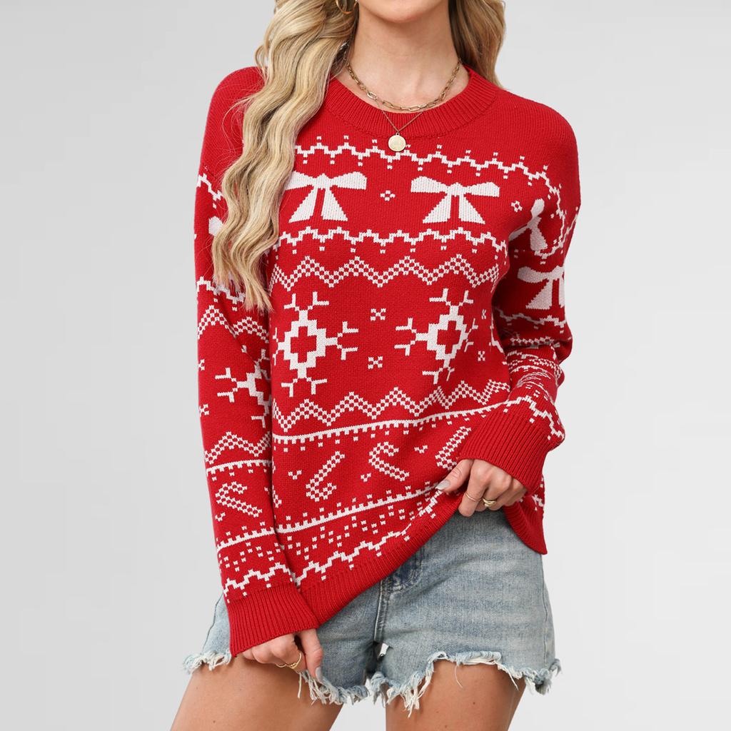 Women's Fashionable Round Neck Long Sleeved Christmas Snowflake Sweater Casual Pullover Knitted Sweater Top