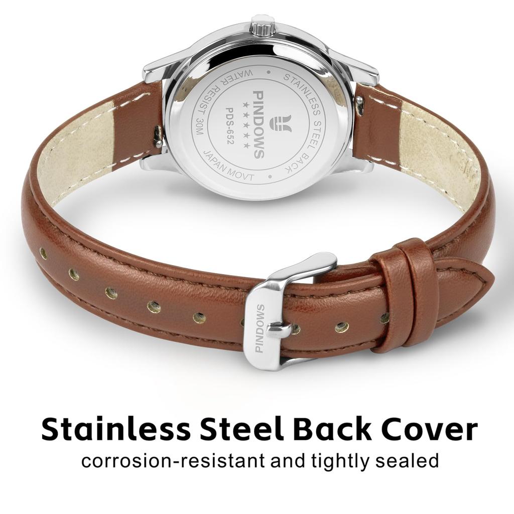 PINDOWS Women's Slim Minimalist Quartz Analog Watch with Black Leather Strap and Gold-Tone Case - A Stylish and Elegant Everyday Watch