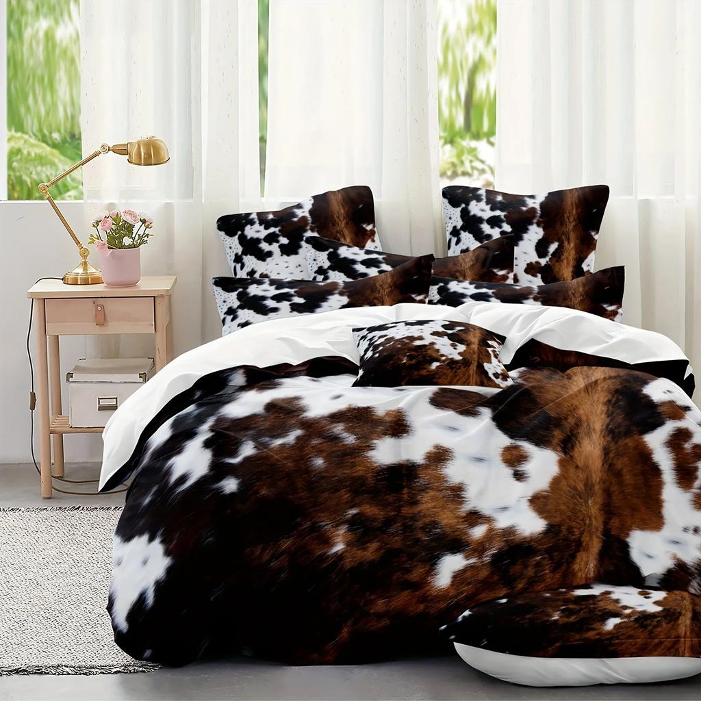 Brown And Black Cow Pattern Yak Leather Bedding Set With Washable Ultra-Fine Microfiber Duvet Cover, Soft And Comfortable