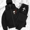 Slow Running Suit Zipper Hooded Sweatshirt Flame Pattern Skull Cross Bone Streetwear Set