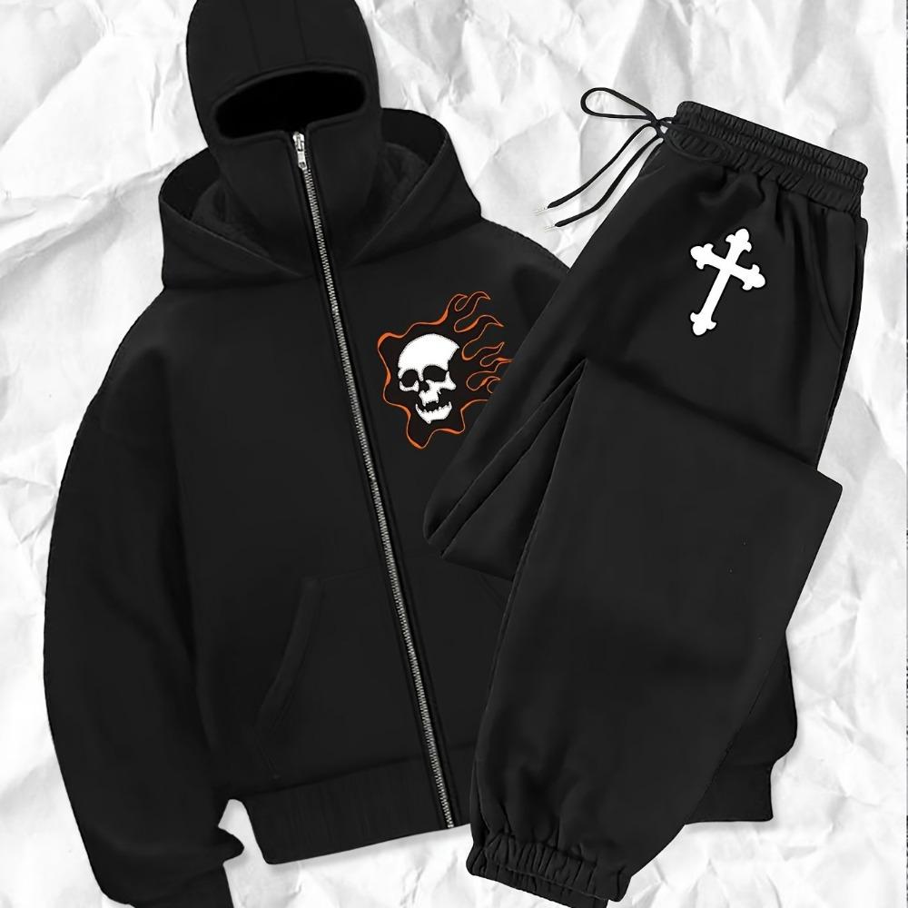 Slow Running Suit Zipper Hooded Sweatshirt Flame Pattern Skull Cross Bone Streetwear Set