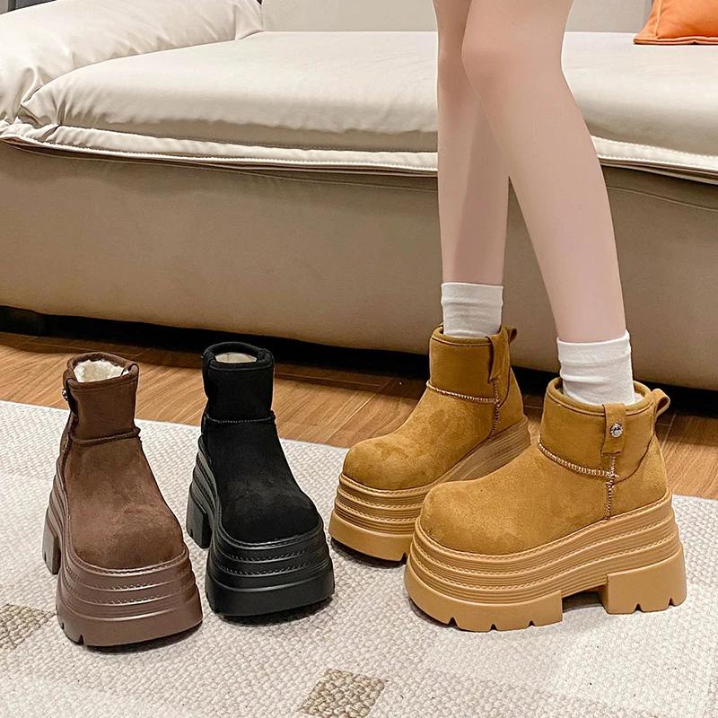 Women Snow Boots Non-slip Winter Warm Plush Short Boots Thick Fur High Platform Ankle Boots 10CM Suede Leather Chunky Sneakers