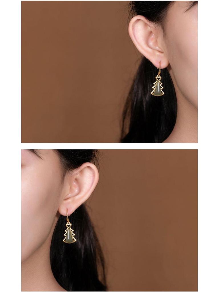 Yi Lu Yin S925 Gold-Plated Sterling Silver Christmas Tree Jade Earrings for Women