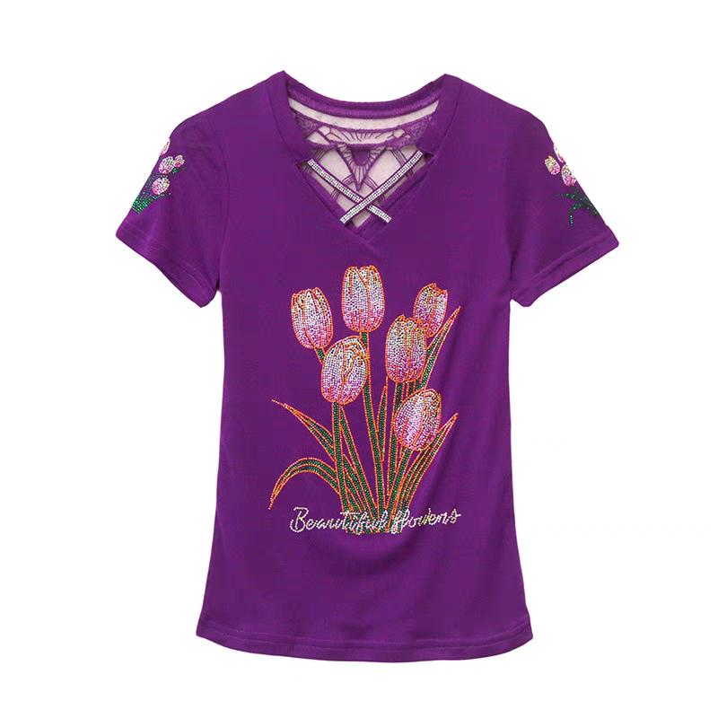 Summer New Fashion Korean Clothes Women's T-shirt Luxury Flower Hot Diamonds Tees Sexy Streetwear Girls Slim Short Sleeve Tops