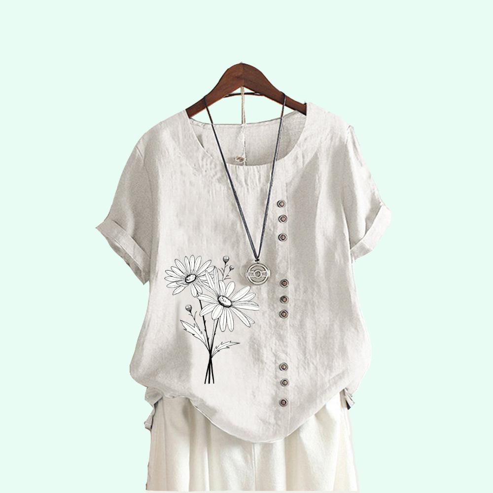 Ladies Flower Print Casual Round Neck Blouses Summer Short Sleeve Plus Size Pullover Loose T-shirt