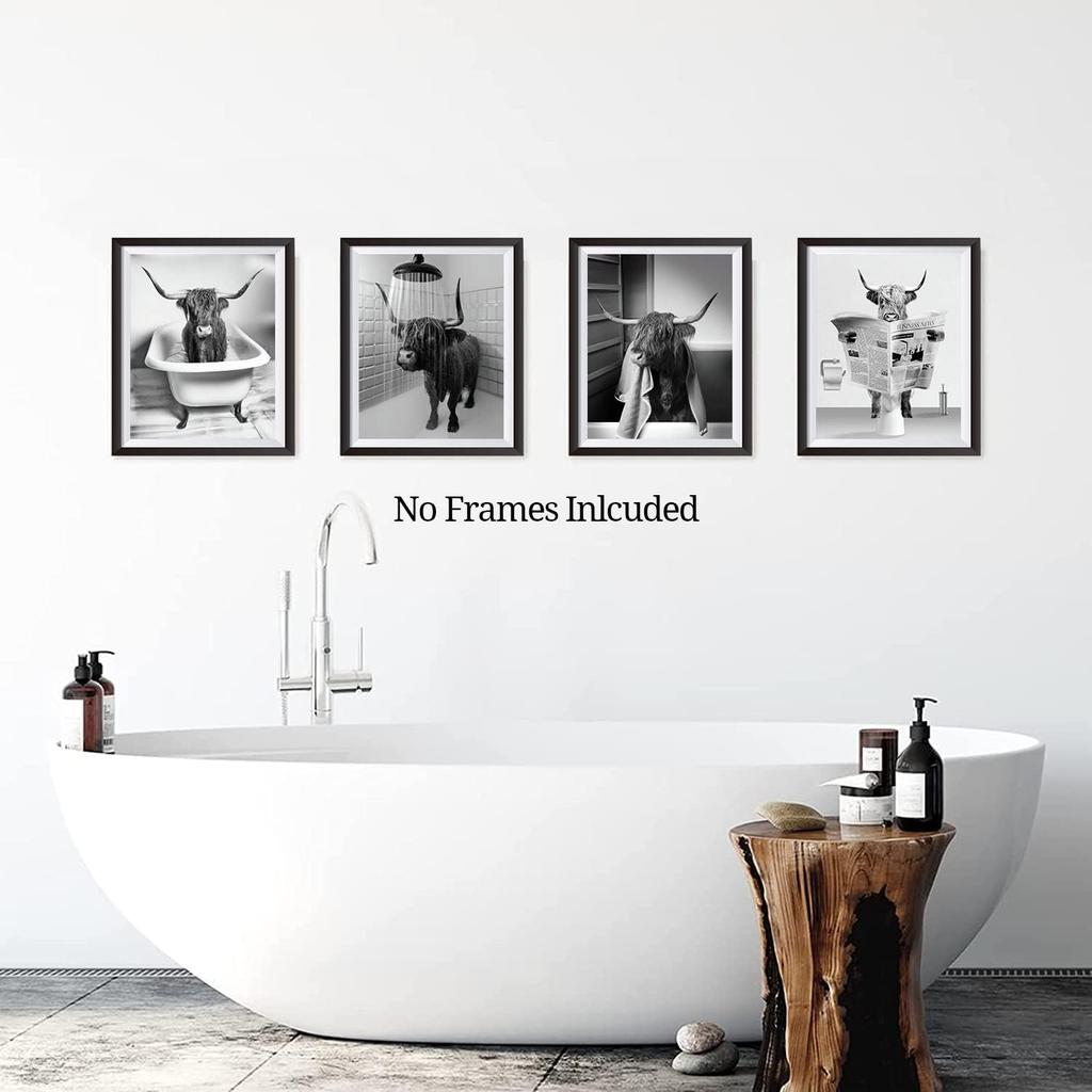 NIIORTY Funny Highland Cow Bathroom Wall Art, Vintage Black and White Rustic Style Canvas Prints for Bathroom Restroom Farmhouse Decor, 4-Set (8"x10"