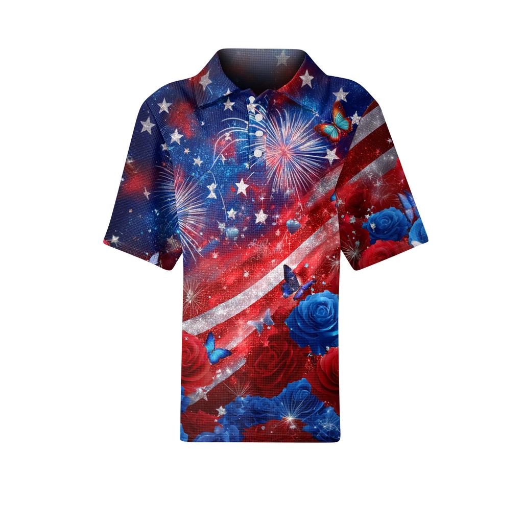 Women’s Short Sleeve Button Down Shirt with Star and Stripe Print Casual Loose Fit Blouse Lightweight Summer Top for Everyday Wear