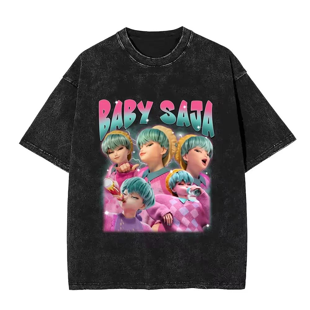 Film KPop Dämonenjäger Derpy Tiger Vintage Washed T-Shirt Herren Damen Cartoon Streetwear Herren Lustige Oversize T-Shirts