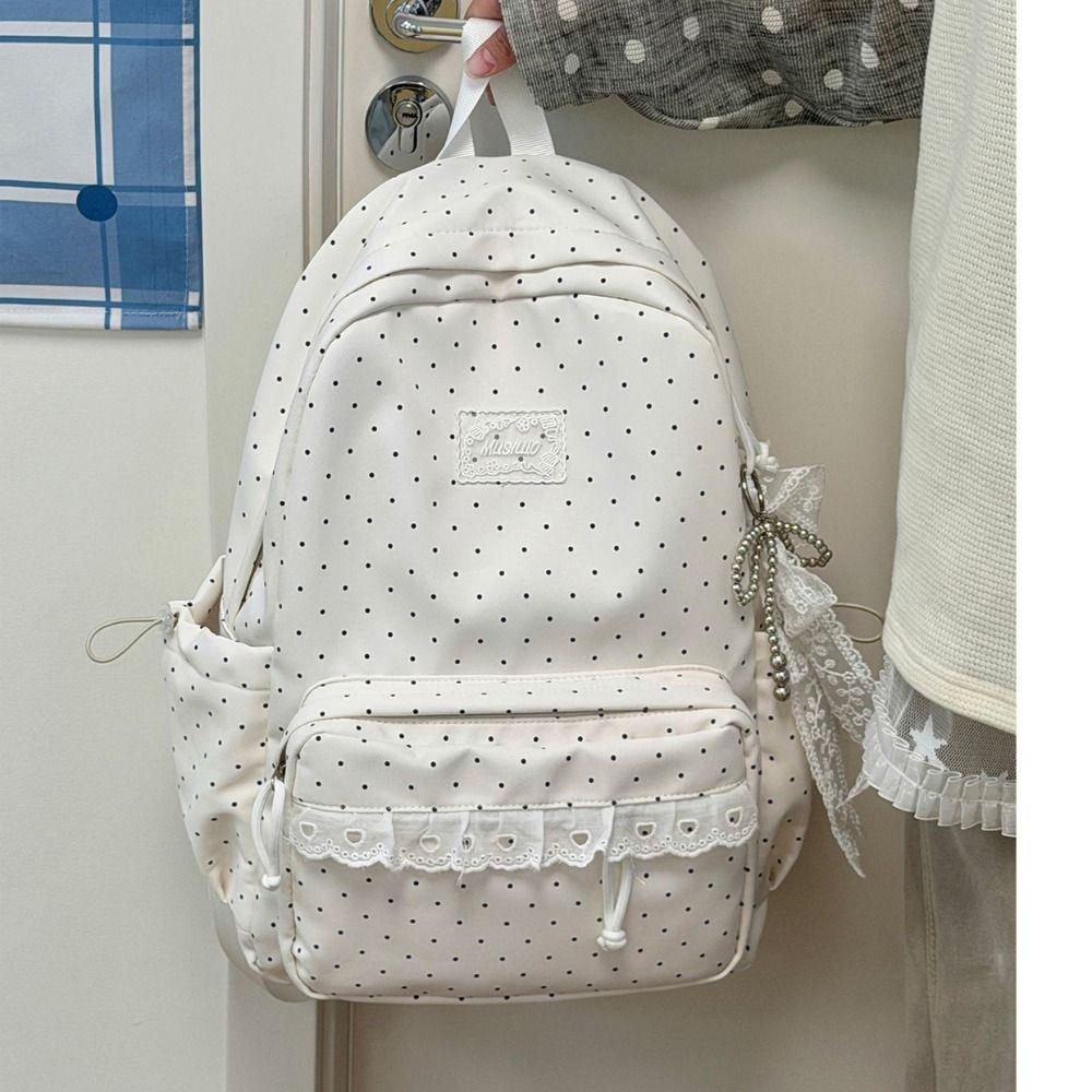 Minimalist Polka Dot Backpack Sweet Student School Bag Y2k Lace Trim Rucksack Gift