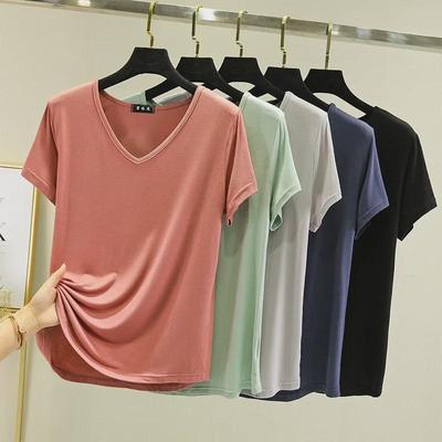 Women's V-Neck Short Sleeve Modal T-Shirt - Plus Size, Slimming, Versatile Summer Base Layer, Loose Fit, Solid Color