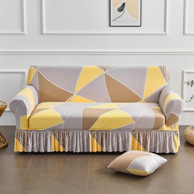 Printed Ruffled Skirt Sofa Cover Stretch Couch Slipcover Washable Furniture Protector Easy Fit Living Room Decor