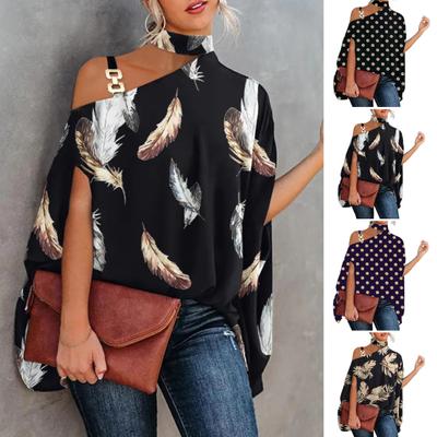 Damblus Sommar Halterneck Snedkrage Fladdermusärm Toppar Tryck Lös Passform Pullovertoppar Streetwear