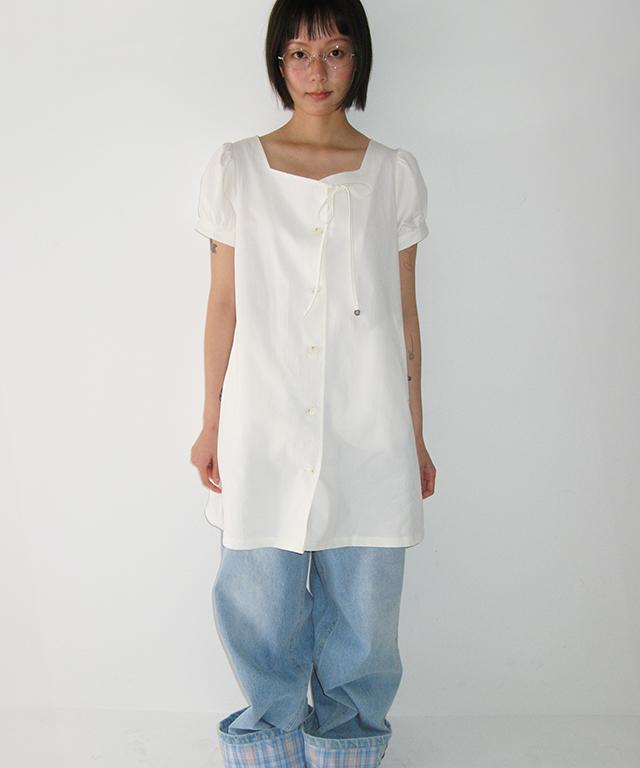 RONRON Charming Puff Sleeve Button Dress White