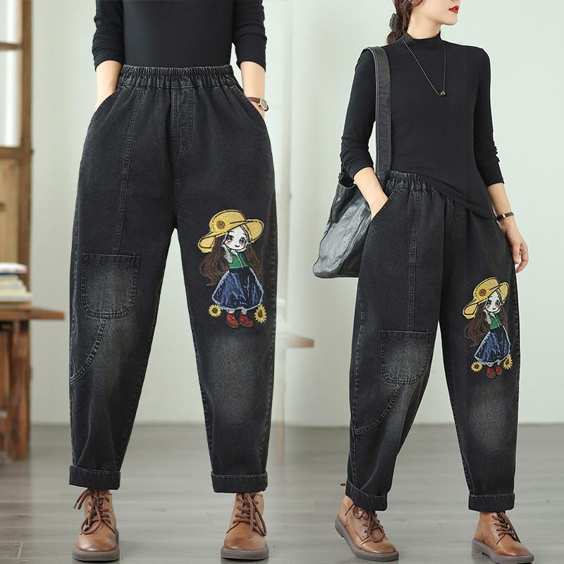 DIMANAF 2025 Nya Bas Elastiska Jeans Harlen byxor Kvinnor Lösa Denimbyxor Stora Lediga Blå Byxor 5018