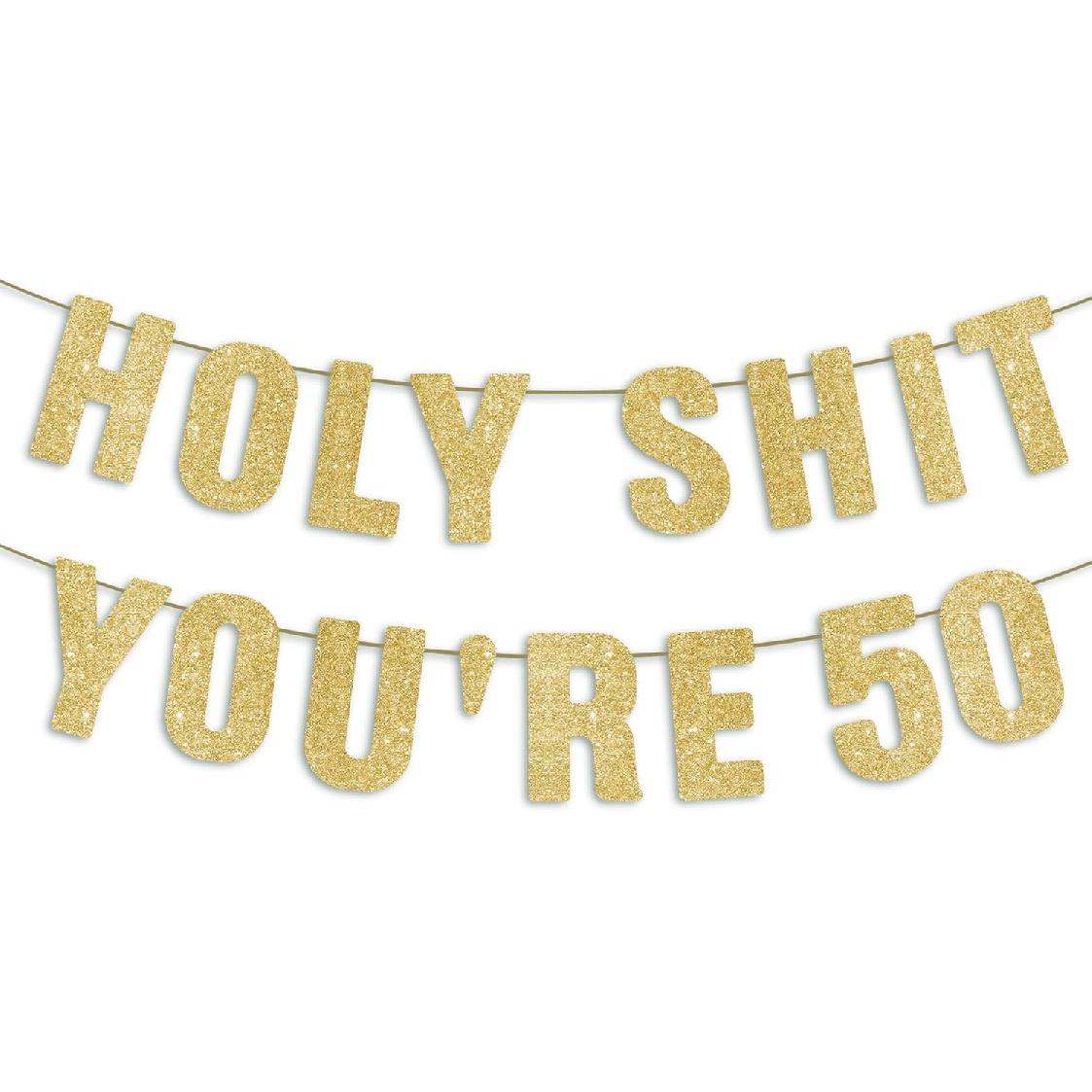 Pre-Strung 50th Party Gold Glitter Banner, Happy 50th Birthday Decorations for Men, Funny 50 Year Old Party Sign, 50th Birthday Decor for Women