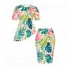Women Plus Size Tropical Leaf Printed Two Piece Skirt Set Round Neck Short Sleeve Asymmetric Top Fitted Skirt