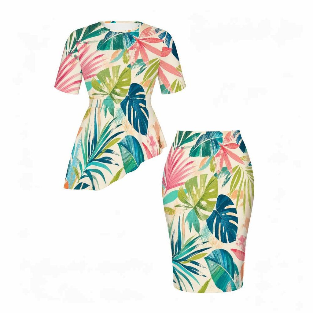 Women Plus Size Tropical Leaf Printed Two Piece Skirt Set Round Neck Short Sleeve Asymmetric Top Fitted Skirt