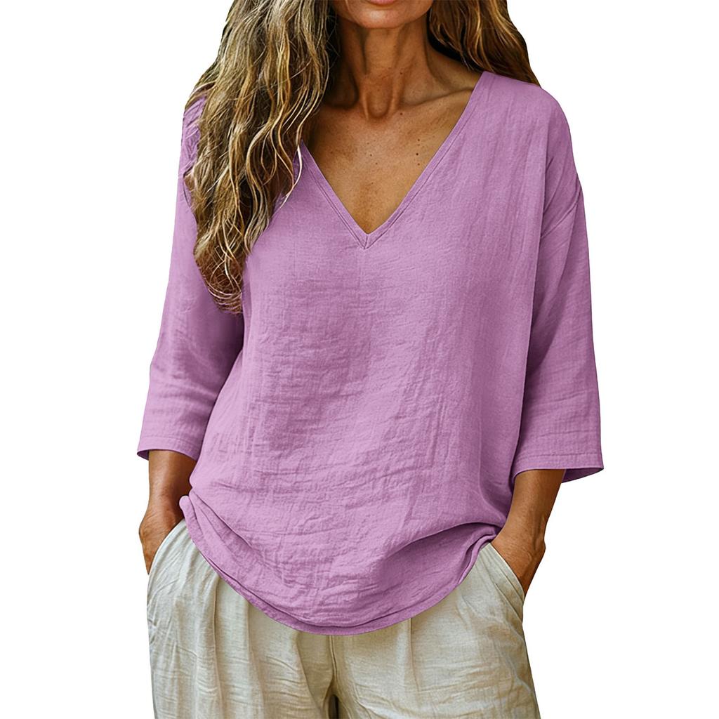 Donna Nuova Primavera Estate Cotone Slub Manica 3/4 Scollo a V Top, Blusa Casual Moda Larga