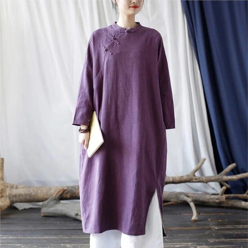 Johnature נשים בסגנון סיני מעמד שמלת שרוולים ארוכים כפתור גלימות אביב צבע אחיד בציר A-line שמלות