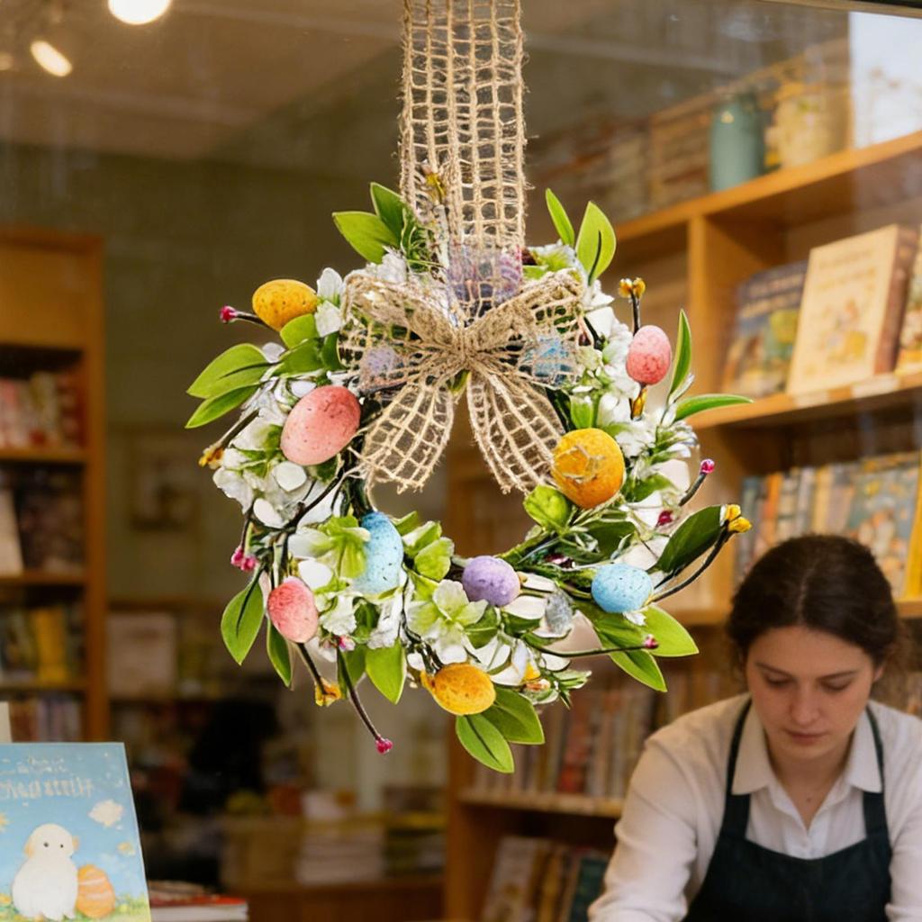 Easter Wreath for Front Door Hangable Artificial Floral Garland with Bow Design Window Ornament for Home Holiday Decorations