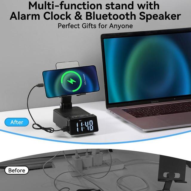 7-in-1 Cell Phone Stand Adjustable Foldable Wireless Bluetooth Speaker & Alarm Clock Tabletop USB drive player Colorful night light