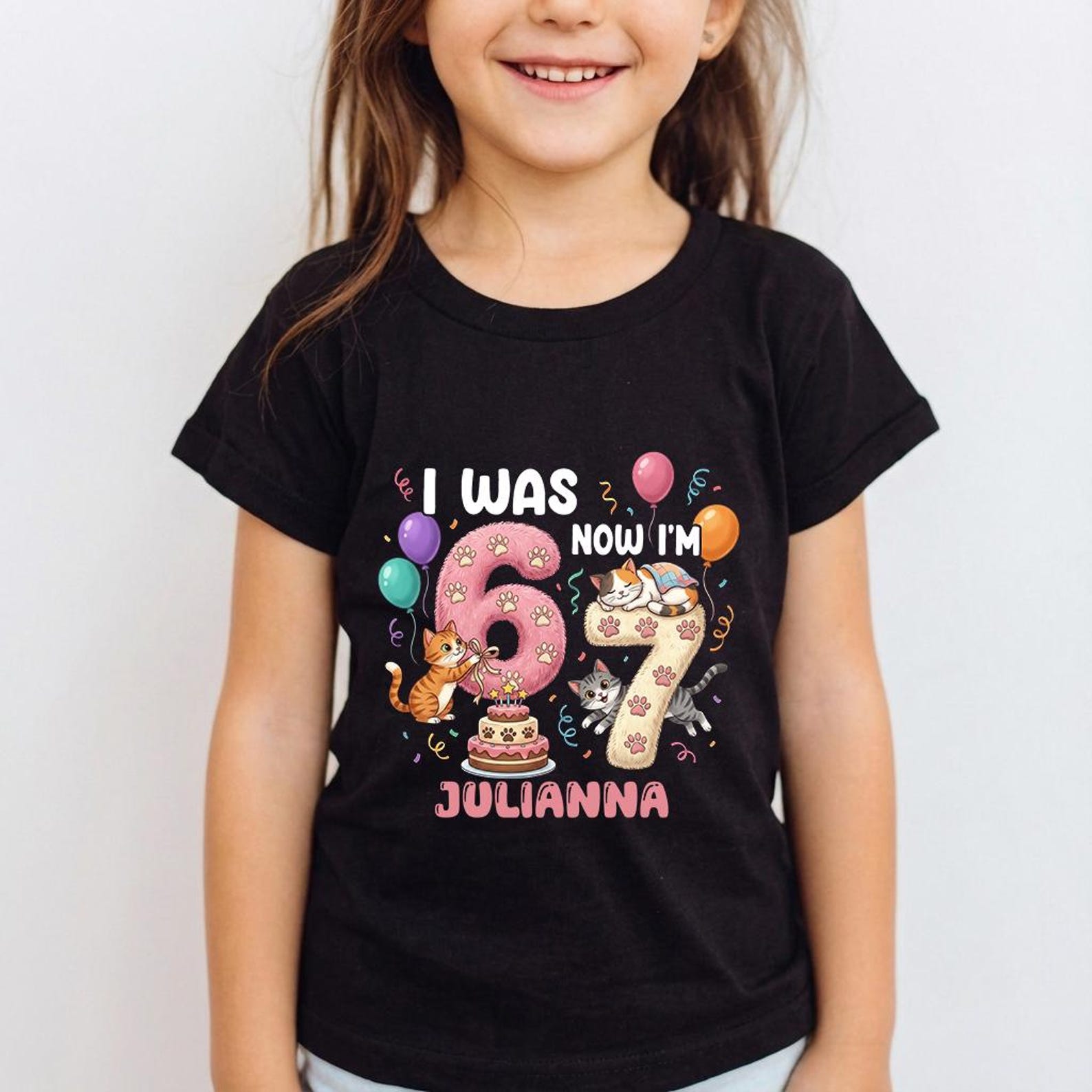 Cute Cat 7th Birthday Party, Personalized Name Girl Seventh Birthday, I Was 6 Now I m 7 Funny Kids Birthday, Kawaii Cat Birthday Cake Shirt 140