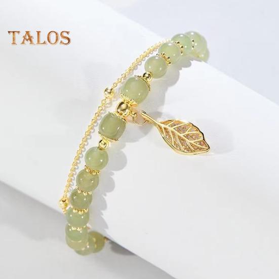 Women Bracelet Faux Jade Smooth Bead Leaf Peatnut Pendant Good Luck Adjustable Length Rhinestone Lady Bangle Prom Daily Wrist Jewelry