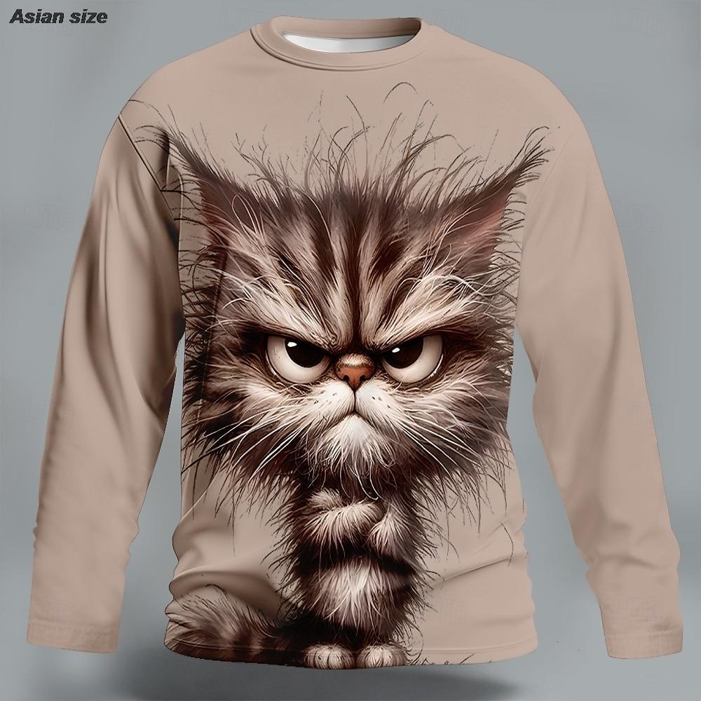 Mens Novelty Messy Hair Cat Graphic Long Sleeve T-Shirt Blue Round Neck Pullover Funny Animal Print Streetwear Clothing Apparel