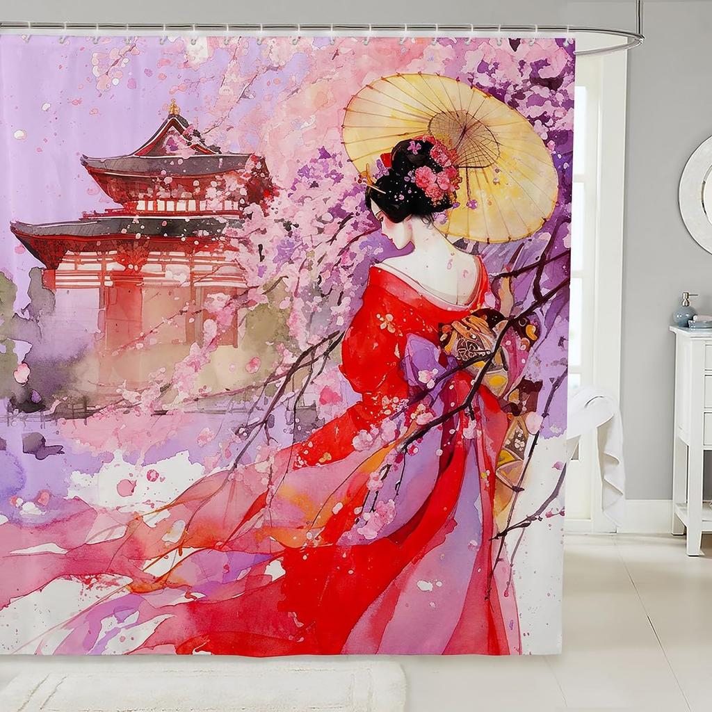 Japanese Koi Fish Shower Curtain Cherry Blossoms Bath Curtain Kids Boys Girls Botanical Flowers Floral Print Bathroom Shower