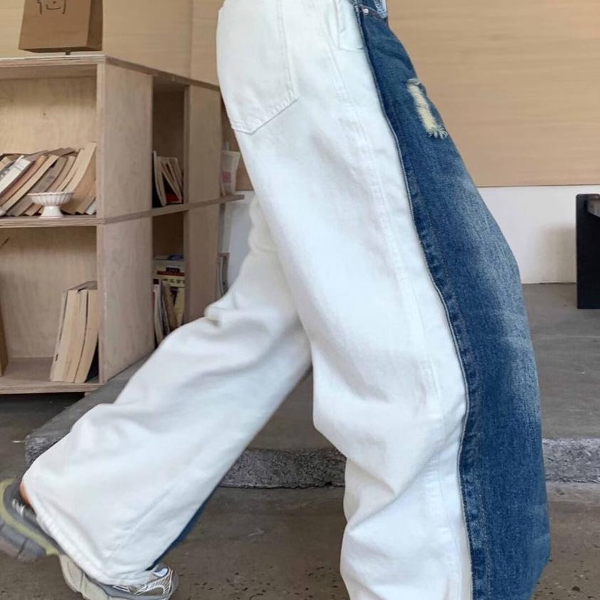 Unisex Floor-Length Color Block Patchwork Wide-Leg Jeans
