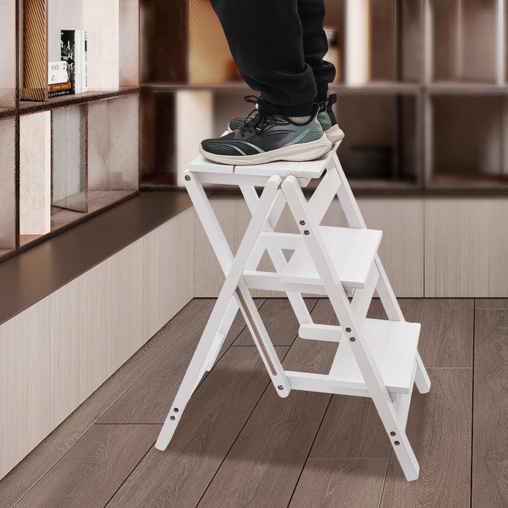 White 3-Tier Step Stool Ladder, Folding Wood Step Stool with Handle, Non-Slip Wide Pedal, Compact Storage, Supports Up To 220lbs