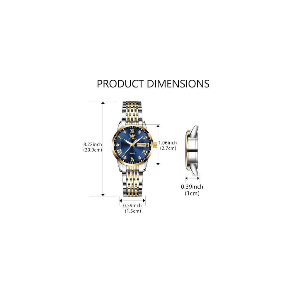 OLEVS Women's Analog Quartz Watch Waterproof Luminous Date Day Display Gold Silver Stainless Steel Band Blue Dial