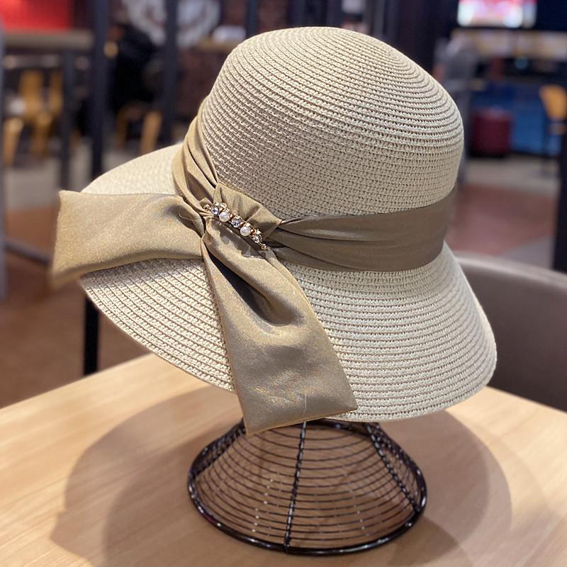 Women's Summer Straw Hat, Foldable Beach Hat, Face-shading Sun Hat, Pearl Bow Fisherman Hat, Sun Hat