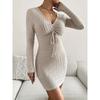 Women's Solid Color Minimalist Drawstring Slim Long Sleeve Knit Dress Autumn Winter, European American Style