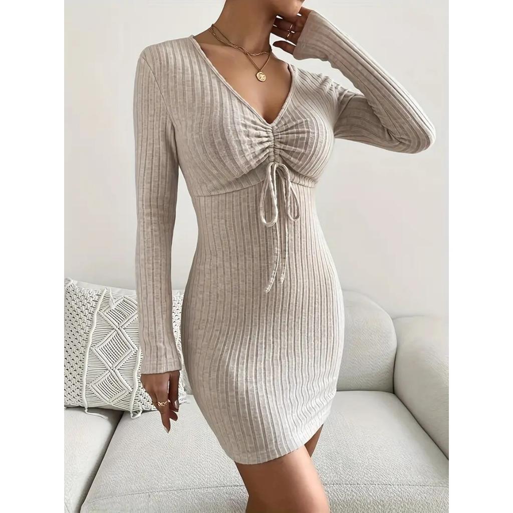 Women's Solid Color Minimalist Drawstring Slim Long Sleeve Knit Dress Autumn Winter, European American Style