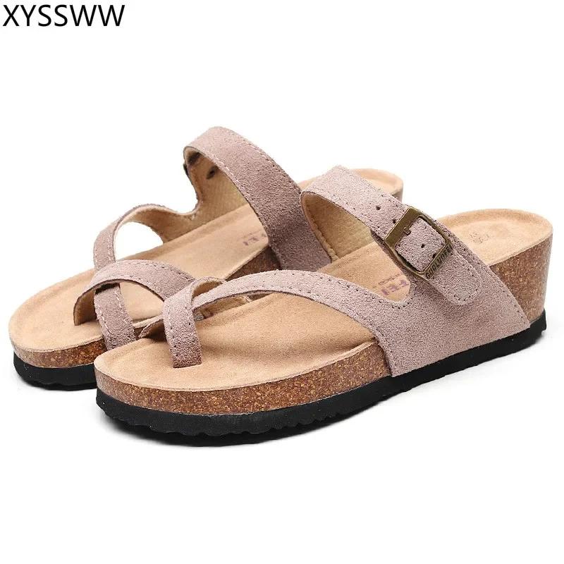 Fashion Hot Sell Women Sandals Flats Cork Slippers Casual Shoes Print Mixed Colors Slides Beach Cork Flip Flop Plus Size 35-42