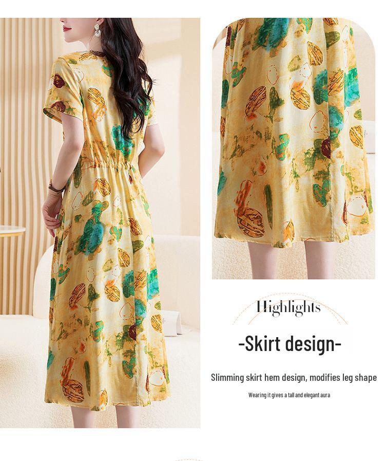 Elegant Plus Size Cotton Silk Knee-Length Dress with Waist Cinch for Middle-Aged Women