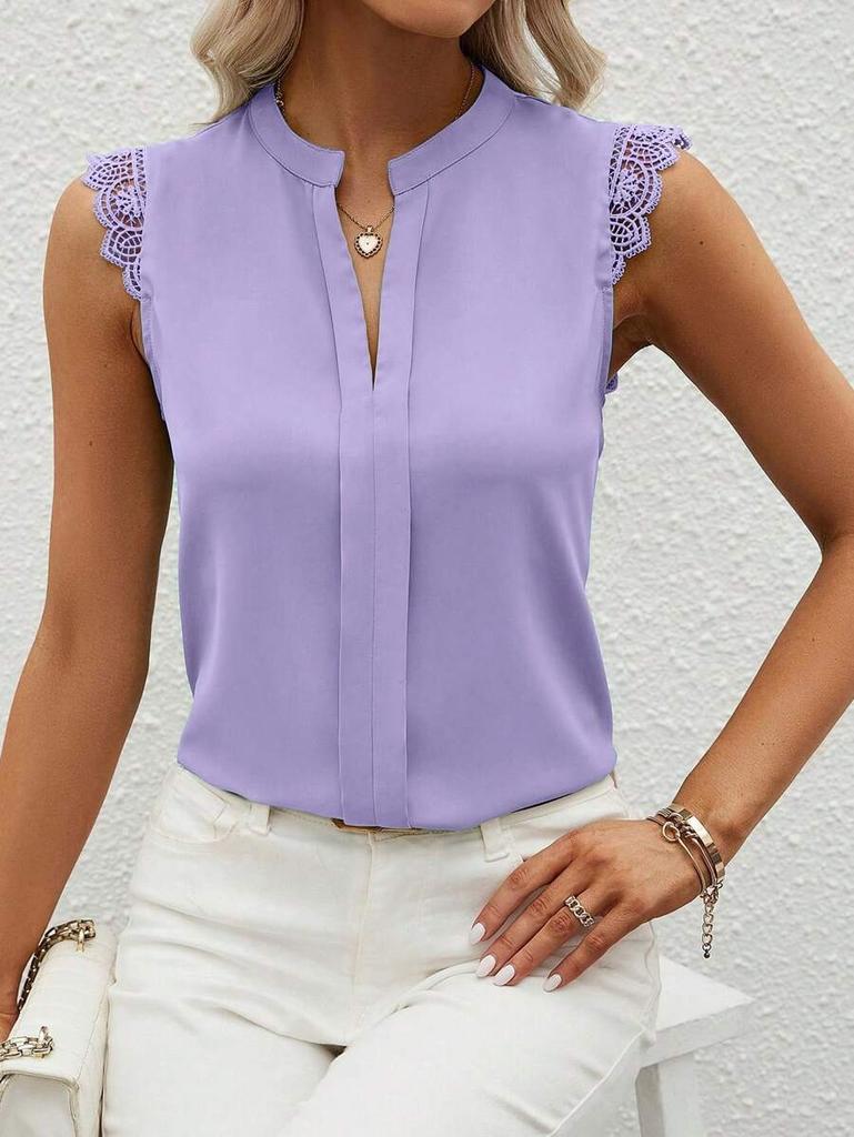 Summer new v-neck sleeveless lace solid color women's T-shirt elegant vacation style