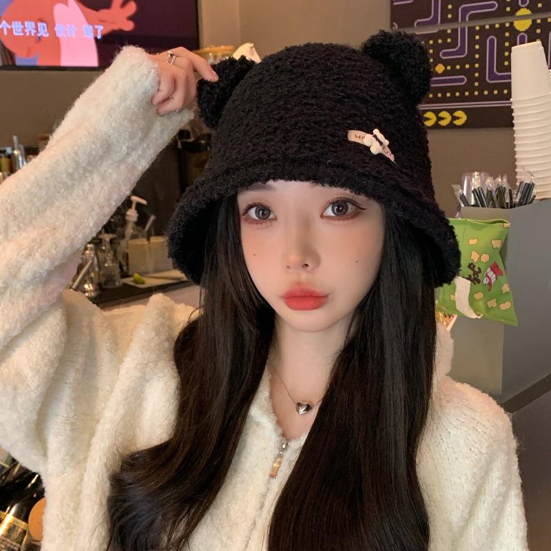 New Autumn and Winter Hat for Women Cute Little Bear Imitation Lamb Velvet Fisherman Hat Warm In Winter To Show The Face Small Pot Hat Trendy
