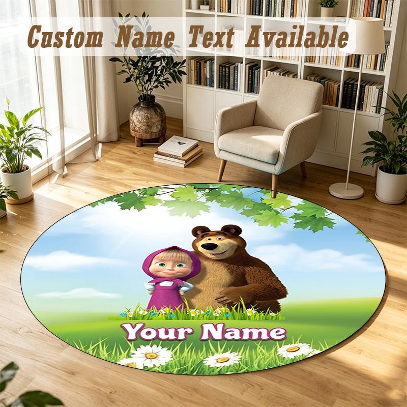 Round Rug Custom NameMasha and the Bear cartoon Pattern Non Slip Carpet Home Floor Decor