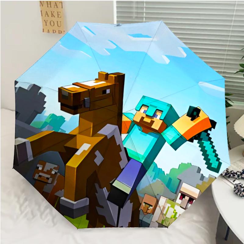 Minecraft5 Print Automatic Umbrella, 8 Rib Iron Frame, Plastic Handle, Suitable for Outdoor Travel &Daily , Ideal Gift