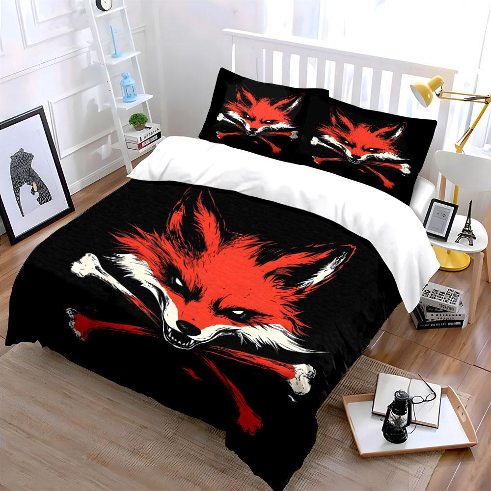 Red Fox With Crossed Bones Print Bedding Set 1 Duvet Cover 2 Pillowcases For Adult And Children Luxury Gift Full Size