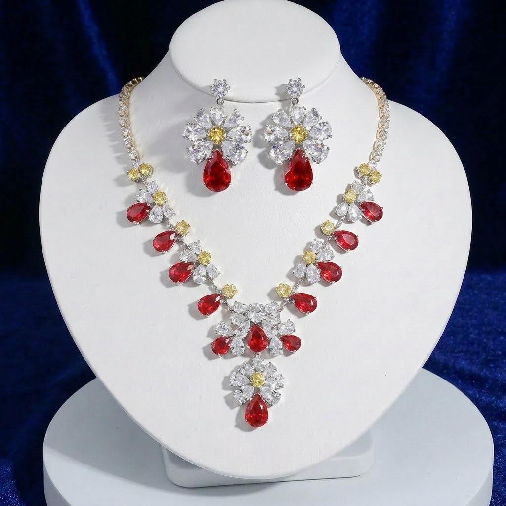 European Style Zirconia Flower Water Drop Necklace & Earrings Set